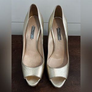 Prada Women's Light Gold Peep Toed Heels Wear on Heels But Good Condition